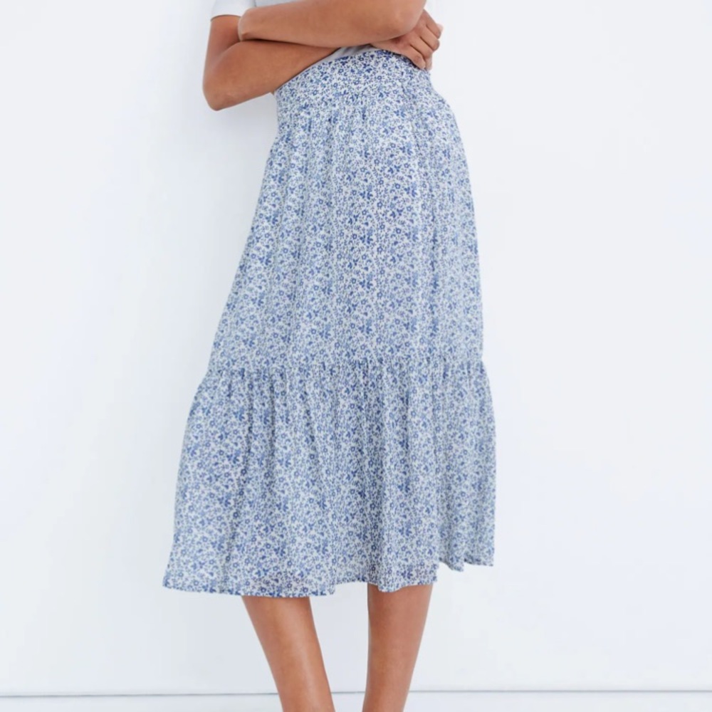 Madewell Tiered Peasant Flowy Blue & White Floral Midi Skirt, NWT Sz 2XL - Picture 5 of 13